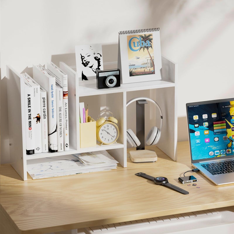 FNBAR Desk Shelves Wood Desktop Orgnizer Shelf. Office Organization for Top of Desk Organizers and Accessories Bookshelf Shelving,Adjustable Tier H-Shape Mini Bookcase(White) - Image 3