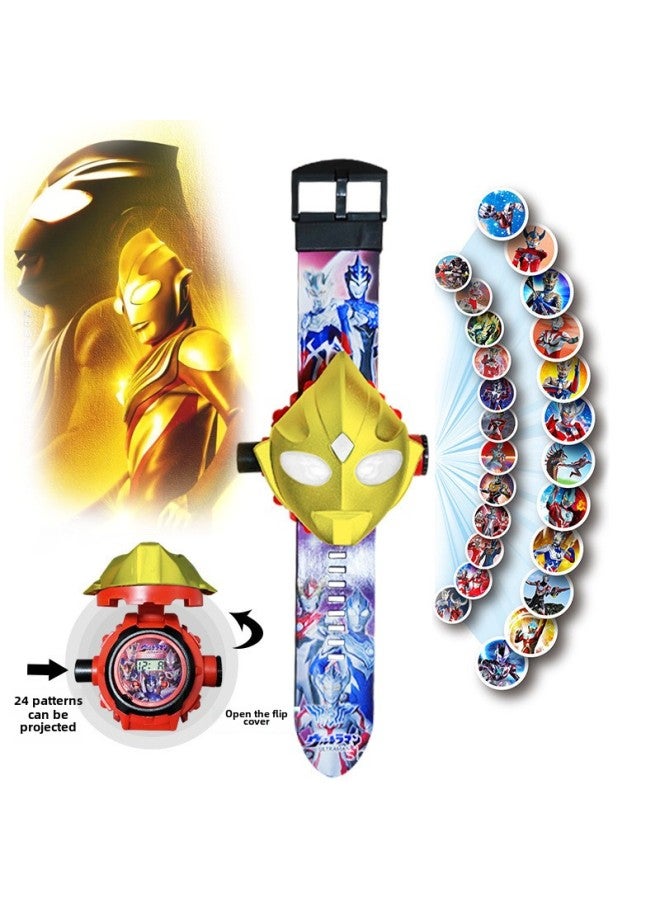 Ultraman Projection Watch Degas Children's Edition Electronic Cello Belia Luminous Boys Kindergarten Children's Day Toy-Color:Golden Tiga Projection Watch (24 Pictures Can Tell The Time)-Specifications:Opp Bag  - Image 1