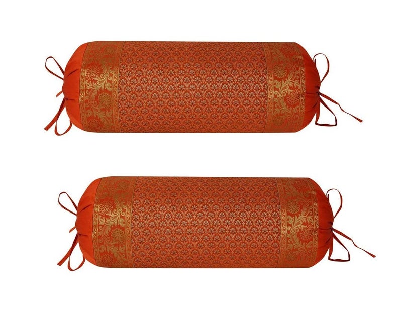 E - Ezra E Ezra Ethnic Polydupion Silk Cylindrical Decorative Tube Pillow Bolster Covers Jacquard Brocade Butti Print Large Couch Round Cylinder Masand Massand Covers 30x15 Orange_2 - Image 1