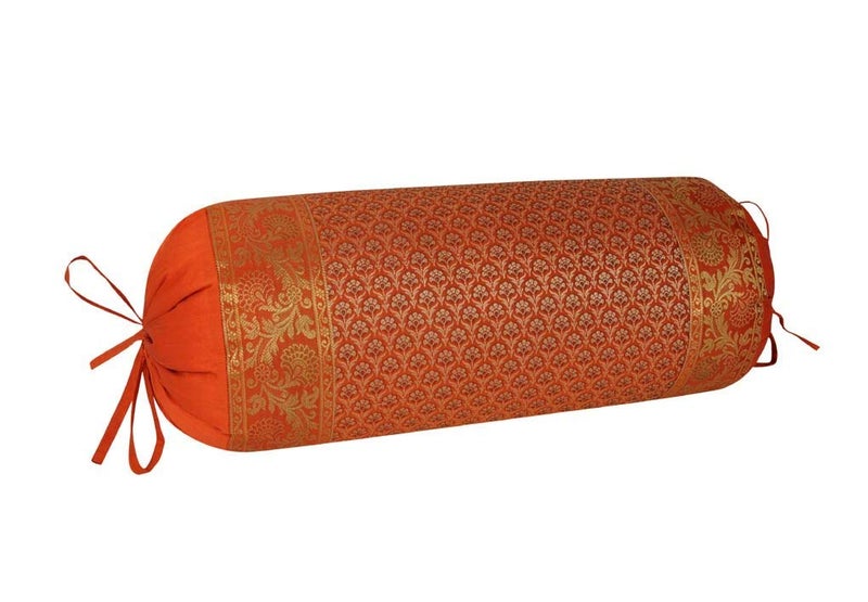 E - Ezra E Ezra Ethnic Polydupion Silk Cylindrical Decorative Tube Pillow Bolster Covers Jacquard Brocade Butti Print Large Couch Round Cylinder Masand Massand Covers 30x15 Orange_2 - Image 2