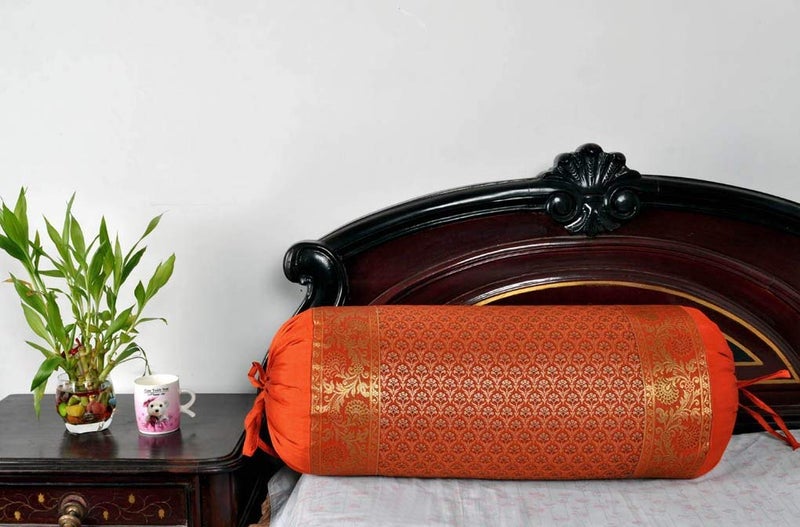 E - Ezra E Ezra Ethnic Polydupion Silk Cylindrical Decorative Tube Pillow Bolster Covers Jacquard Brocade Butti Print Large Couch Round Cylinder Masand Massand Covers 30x15 Orange_2 - Image 3