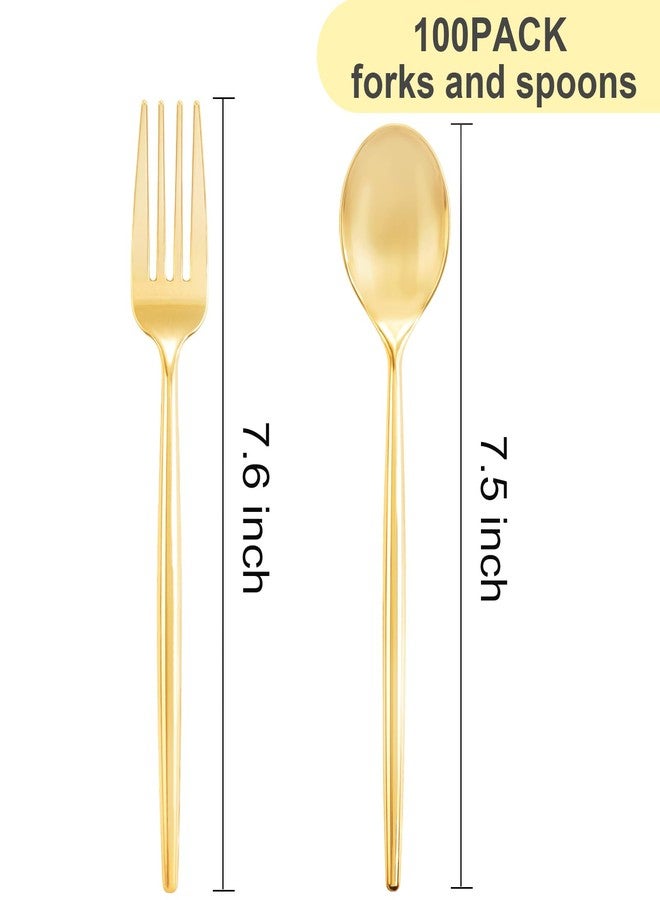 SUT 100PCS Gold Plastic Forks and Spoons Heavy Duty Set, Gold Disposable Silverware, Gold Cutlery, Gold Disposable Utensils, Plastic Flatware Includes 50 Forks, 50 Spoons for Party - Image 2