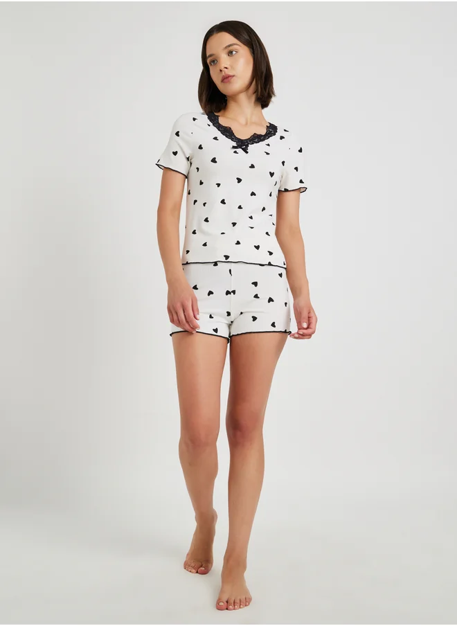 Take Two Take Two Heart Print Lace Detail Short Sleeve T-Shirt and Shorts Set