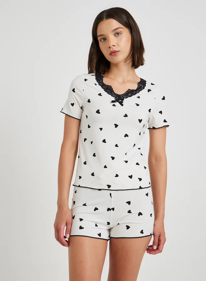 Take Two Take Two Heart Print Lace Detail Short Sleeve T-Shirt and Shorts Set