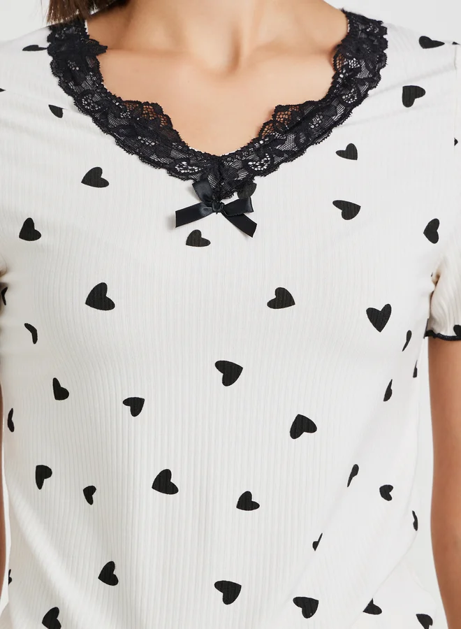 Take Two Take Two Heart Print Lace Detail Short Sleeve T-Shirt and Shorts Set