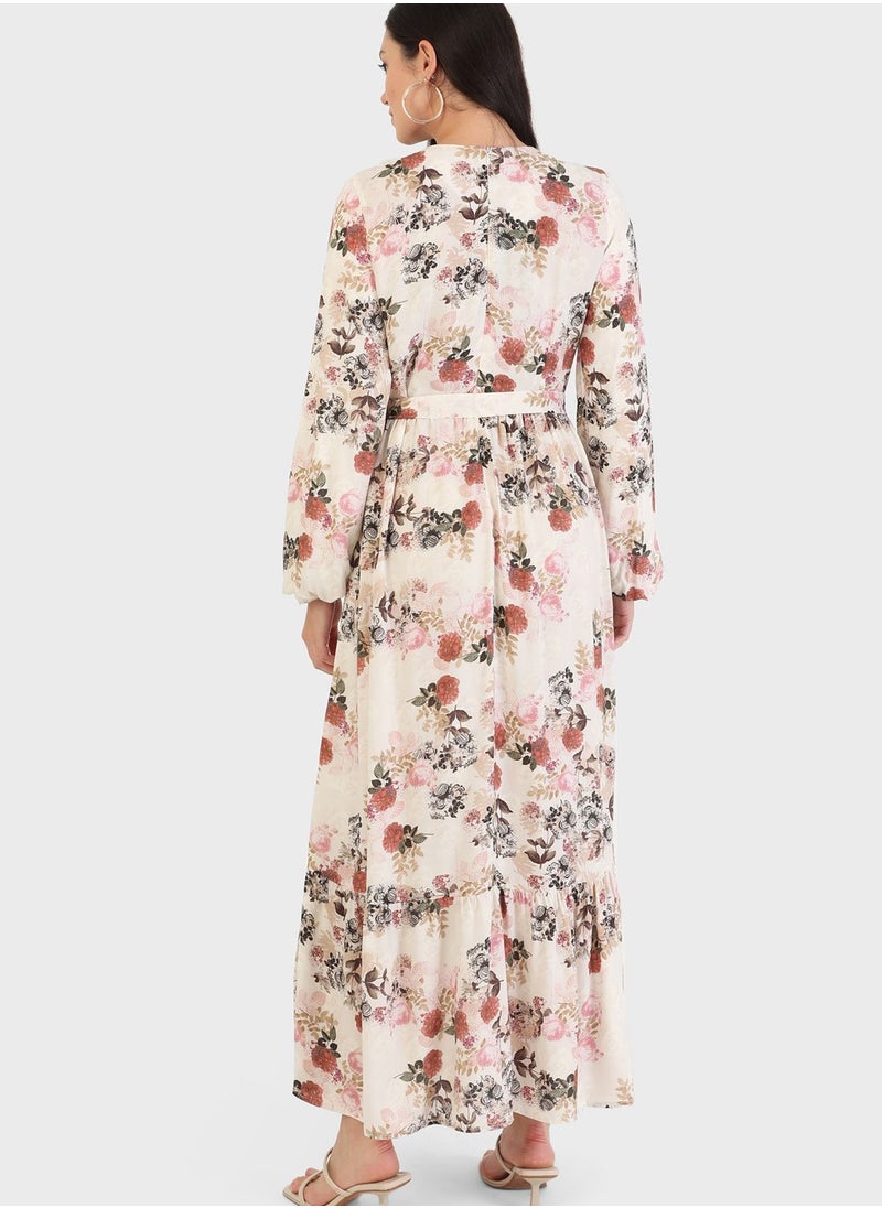 Refka by modanisa - Balloon Sleeve Floral Print Dress - Image 1