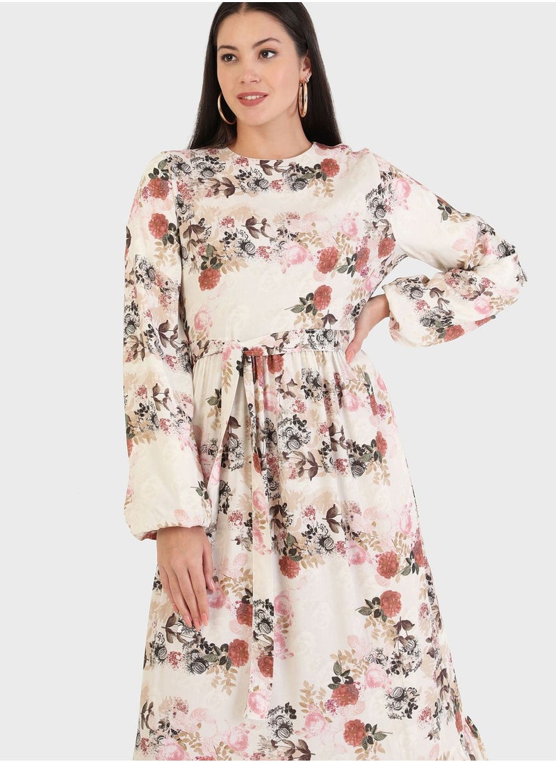 Refka by modanisa - Balloon Sleeve Floral Print Dress - Image 1