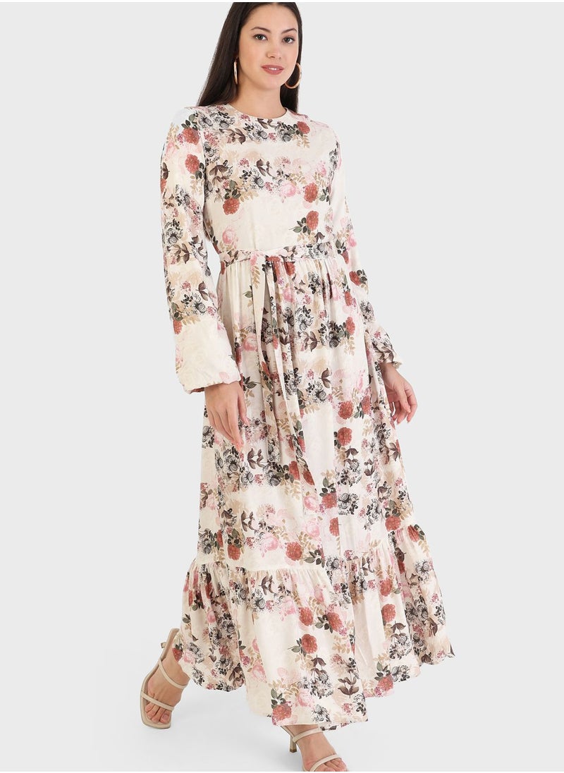 Refka by modanisa - Balloon Sleeve Floral Print Dress - Image 1