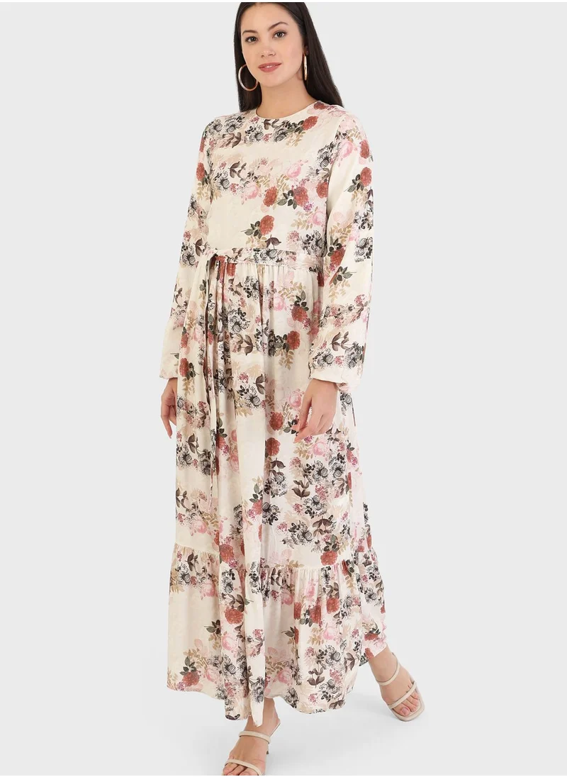 Refka by modanisa Balloon Sleeve Floral Print Dress