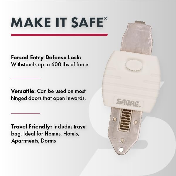 SABRE Portable Door Lock, Durable Metal Construction, Lightweight and Compact, Quick No-Tool Installation, Fits Most Inward-Swinging Hinged Doors, Requires 1/8 Inch Gap, For Houses, Apartments, Condos - Image 3