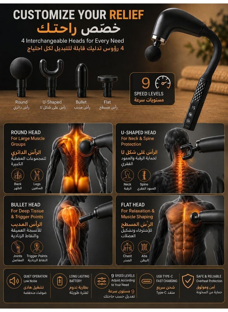 ماكس توب مسدس مساج بتصميم حرف U ومقبض طويل، جهاز تدليك عمقي للأنسجة مع 9 مستويات سرعة و9 أوضاع لتخفيف آلام الظهر والرقبة، 4 رؤوس قابلة للتبديل، شحن سريع Type-C - Image 5