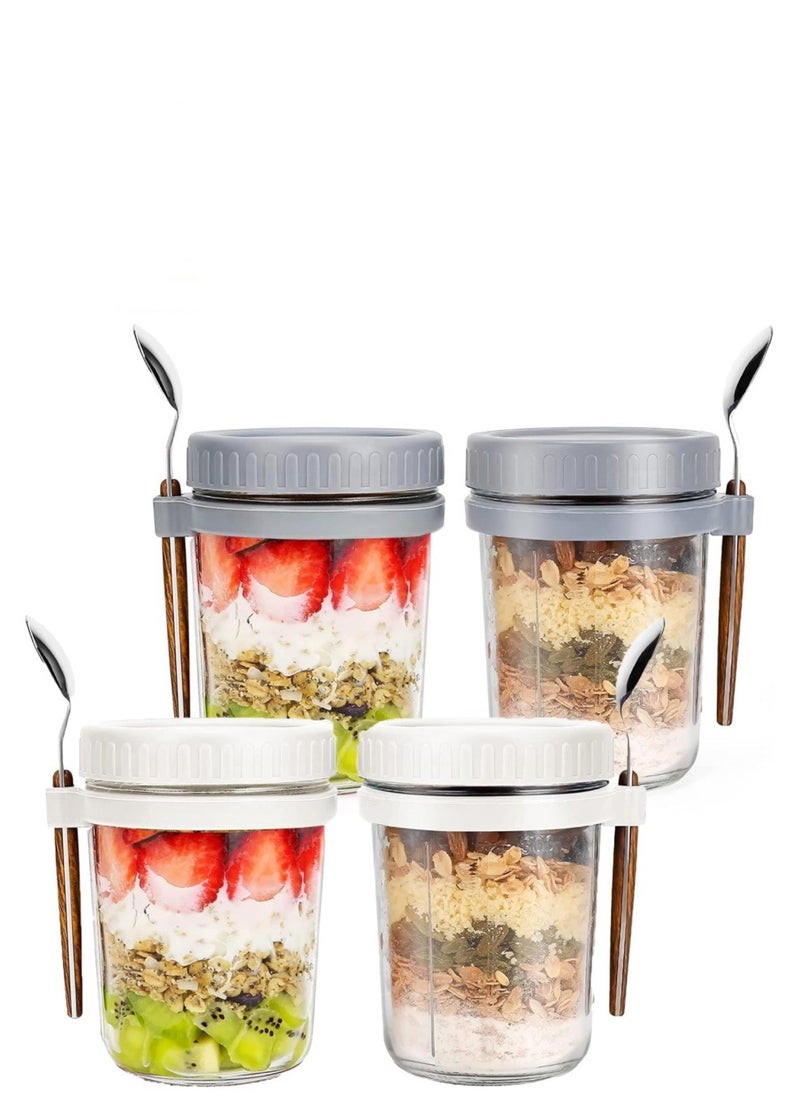 Beauenty - Glass Jars, Overnight Oats Container with Lid and Spoon [4 Pack], Overnight Oats Jars, 350ml / 10 oz Cereal, Milk, Vegetable and fruit Salad Storage Container with Measurement Marks - Image 1