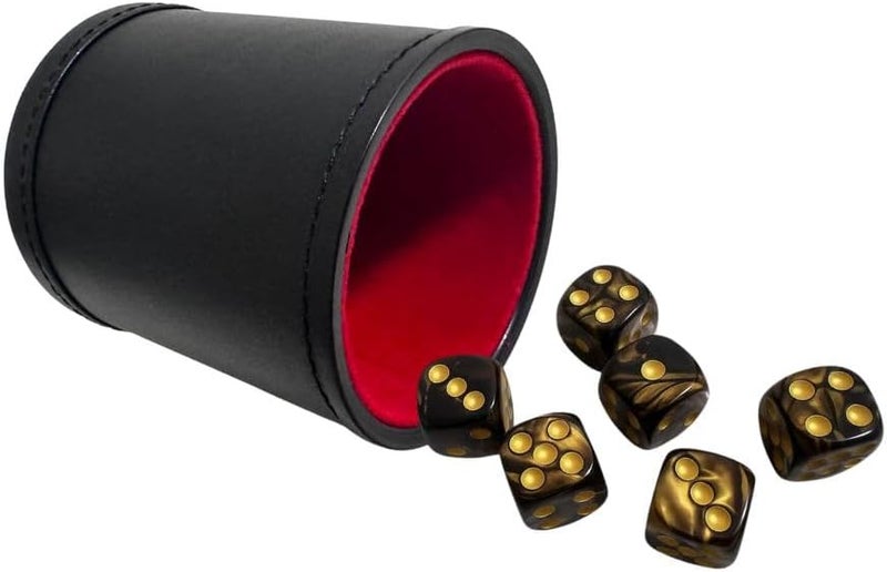 Bc Toptan PU Leatherette Dice Cup with 6 D6 Black and Gold Dice for Yahtzee Farkle Bar Party Dice Games - Image 1