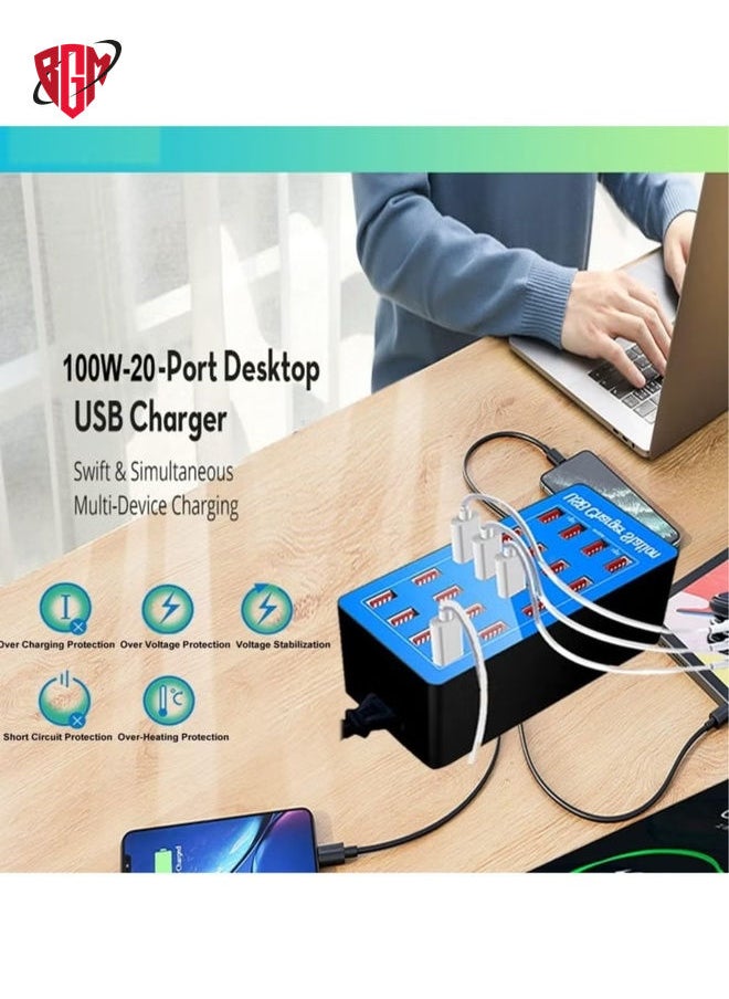20 منافذ شاحن USB ، محطة شحن USB 80W Multi USB ، شاحن USB متعدد المنافذ مع الكشف الذكي لشحن الهواتف الذكية والأجهزة اللوحية وأجهزة USB ، محطة شاحن USB