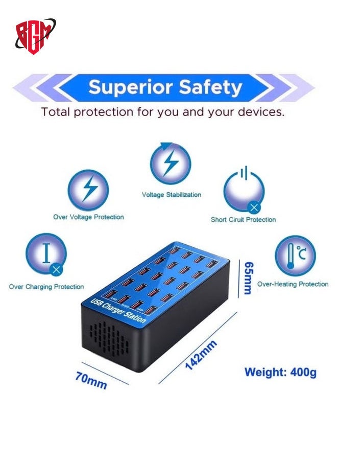 20 منافذ شاحن USB ، محطة شحن USB 80W Multi USB ، شاحن USB متعدد المنافذ مع الكشف الذكي لشحن الهواتف الذكية والأجهزة اللوحية وأجهزة USB ، محطة شاحن USB