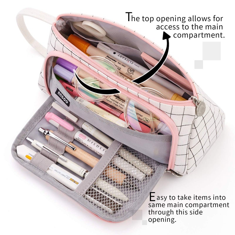 EASTHILL Large Capacity Colored Canvas Storage Pouch Marker Pen Pencil Case Simple Stationery Bag Holder For Middle High School Office College Student Girl Women Adult Teen Gift White Plaid - Image 5