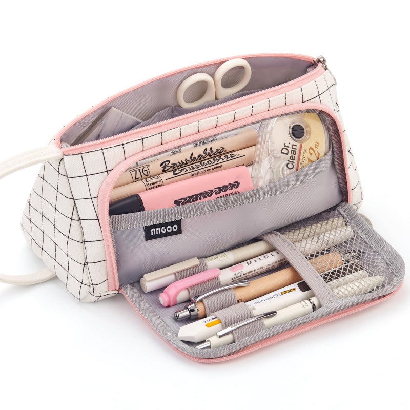 EASTHILL Large Capacity Colored Canvas Storage Pouch Marker Pen Pencil Case Simple Stationery Bag Holder For Middle High School Office College Student Girl Women Adult Teen Gift White Plaid - Image 1