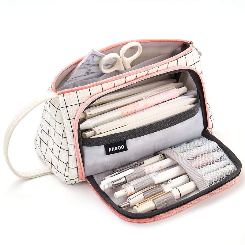 EASTHILL Large Capacity Colored Canvas Storage Pouch Marker Pen Pencil Case Simple Stationery Bag Holder For Middle High School Office College Student Girl Women Adult Teen Gift White Plaid - Image 4