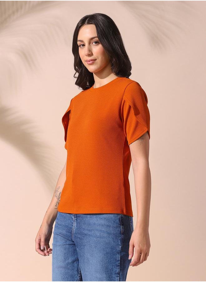 Dennis Lingo - Women rust regular fit textured half sleeves t-shirt 100% poly top with pull over closure- perfect for making bold moves. - Image 1