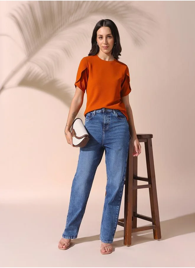 دينيس لينغو Women rust regular fit textured half sleeves t-shirt 100% poly top with pull over closure- perfect for making bold moves.