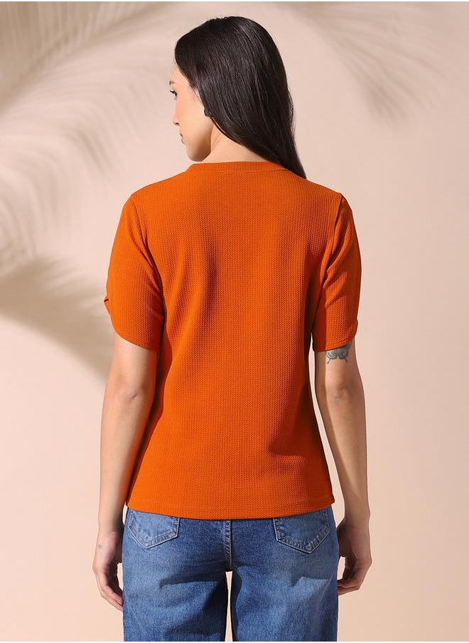 Dennis Lingo - Women rust regular fit textured half sleeves t-shirt 100% poly top with pull over closure- perfect for making bold moves. - Image 1