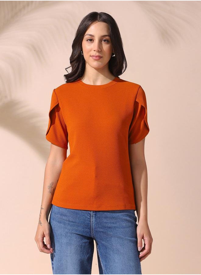 Dennis Lingo - Women rust regular fit textured half sleeves t-shirt 100% poly top with pull over closure- perfect for making bold moves. - Image 1