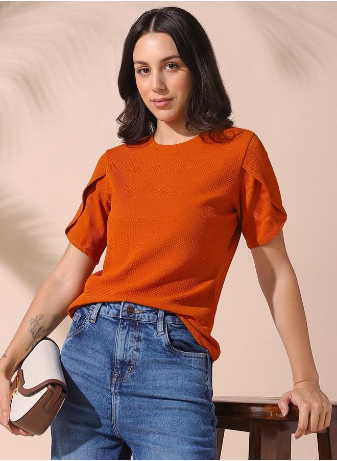 Dennis Lingo - Women rust regular fit textured half sleeves t-shirt 100% poly top with pull over closure- perfect for making bold moves. - Image 1