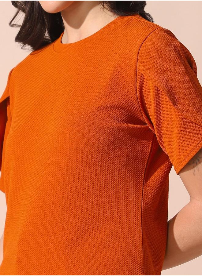 Dennis Lingo - Women rust regular fit textured half sleeves t-shirt 100% poly top with pull over closure- perfect for making bold moves. - Image 1