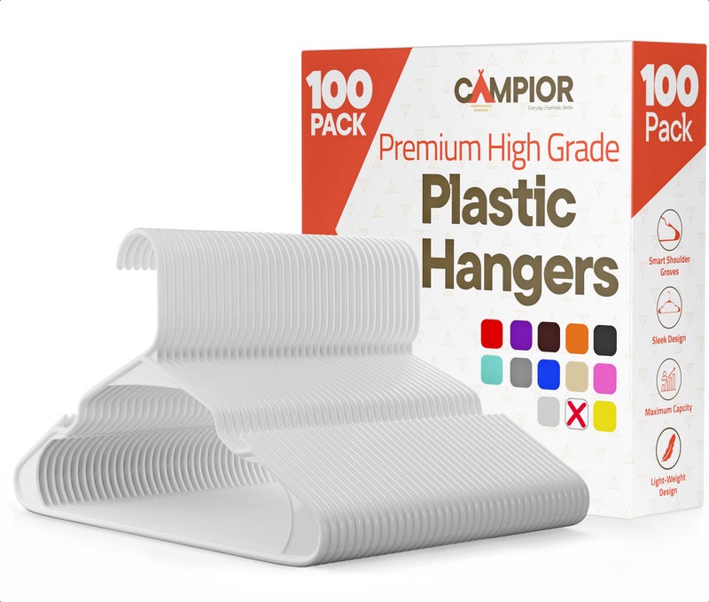 Campior White Plastic Hangers 100 Packâ€“ Heavy-Duty Plastic Hangers Slim and Space-Saving, Durable and Lightweight PP with Non-Slip Shoulder Notches for Slip Dresses, Suits, Jackets & Camisoles - Image 1
