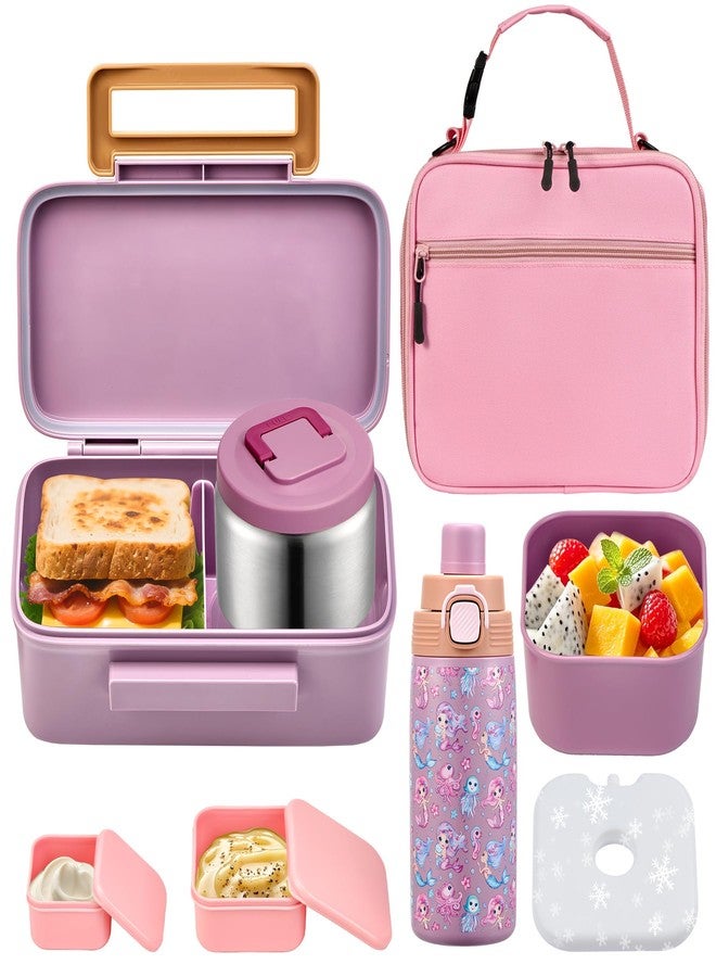 PIQUEBAR Bento Lunch Box for Kids with Thermo Ice Pack Lunch Food Container Insulated Bag, 18oz Plastic Sport Water Bottle for Kid Girls Boys (T-Pink Mermaid) - Image 1