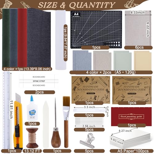 FOGWOWO 145Pcs Book Binding Kits for Beginners,Complete Bookbinding Kit Tools Materials with Instructions and Video Tutorials,Bookbinding Supplies Book Making Kit with A5 Paper Awl for DIY Crafts - Image 2