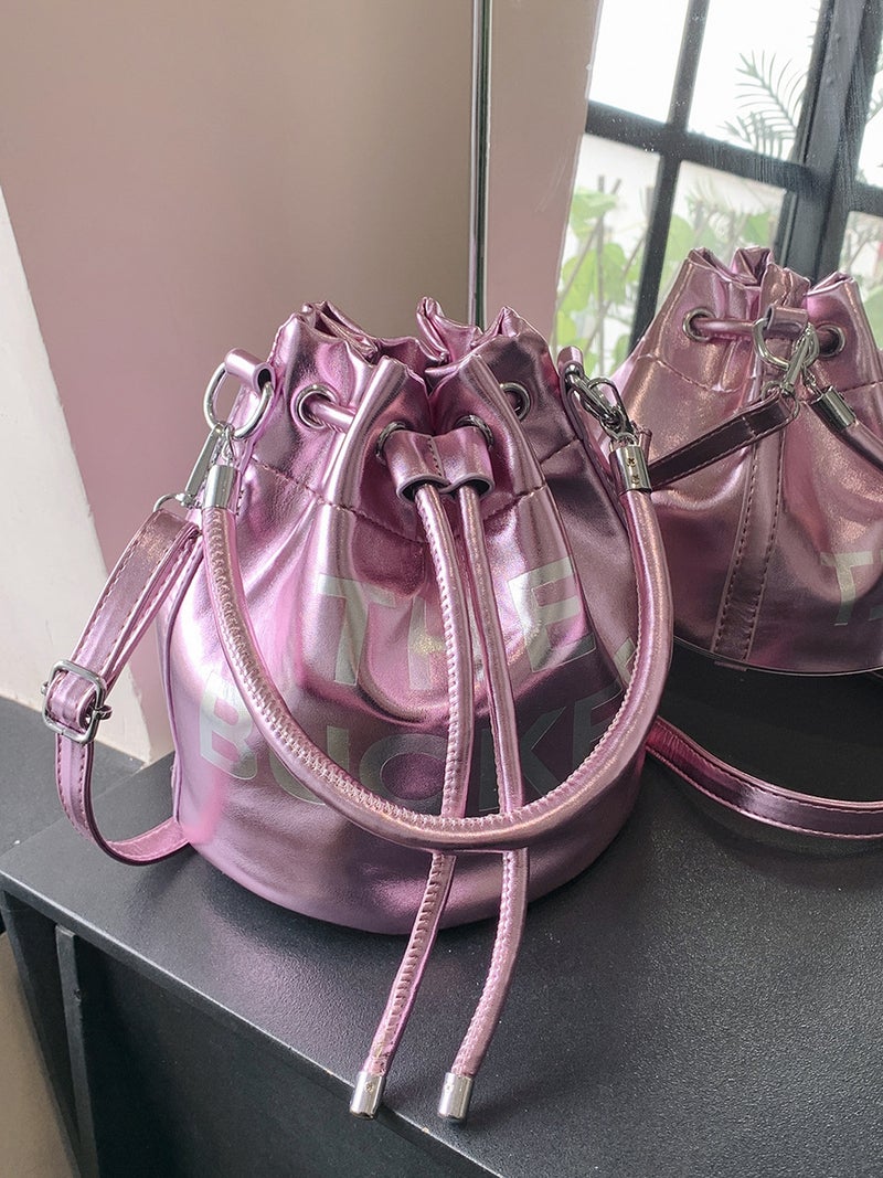 Laser Glossy Bucket Bag Letter Fashion Shoulder Crossbody Bag For Women - Image 3