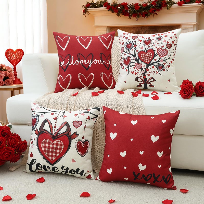 Artscope Valentine's Day Love You Throw Pillow Covers 18x18 Inch Set of 4, Valentine Wedding Red Love Heart Decoration Pillow Cases for Home Sofa Couch - Image 2