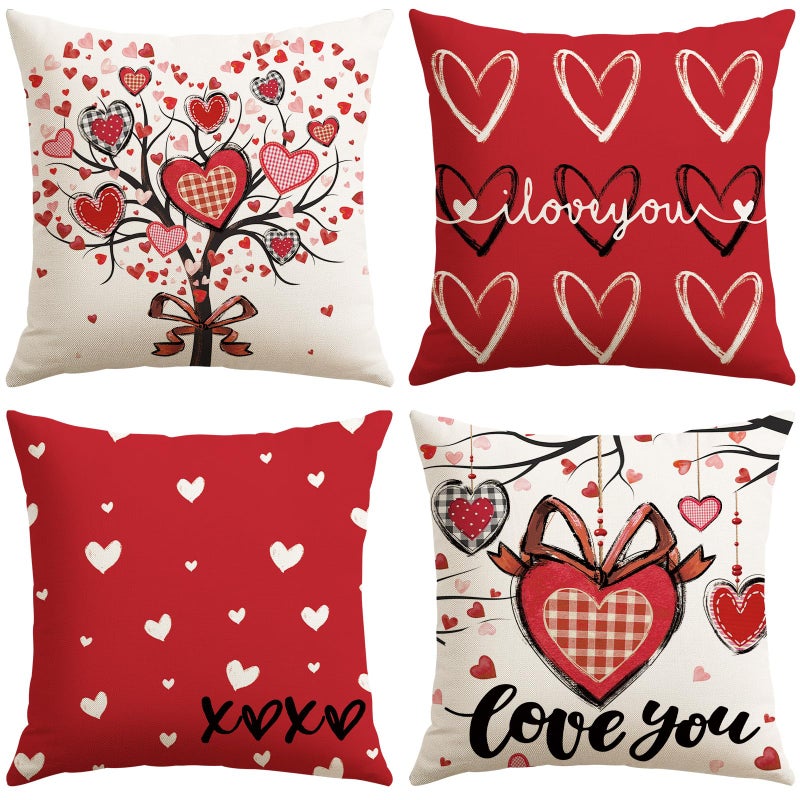 Artscope Valentine's Day Love You Throw Pillow Covers 18x18 Inch Set of 4, Valentine Wedding Red Love Heart Decoration Pillow Cases for Home Sofa Couch - Image 1