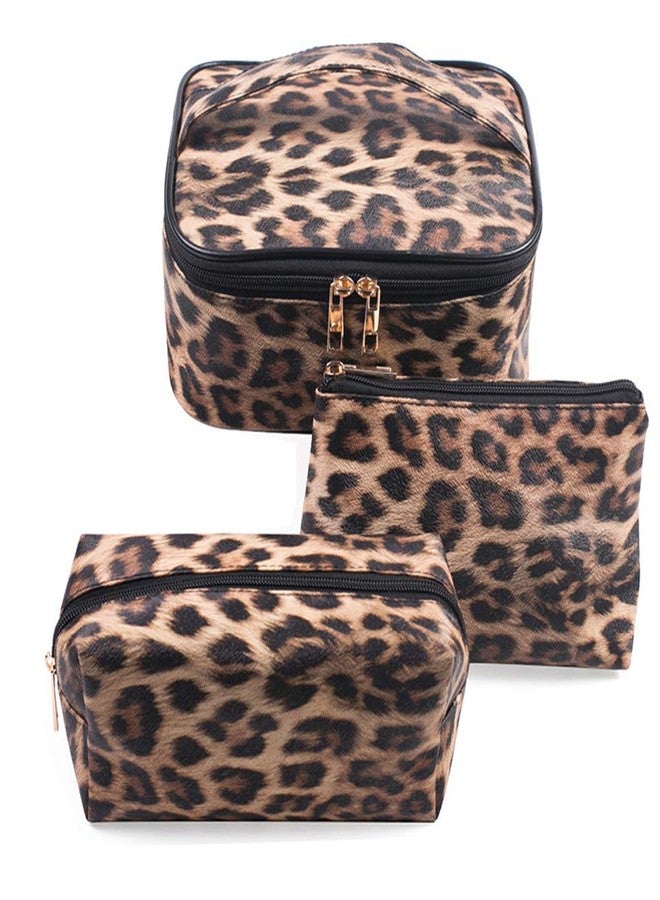 FITINI Leopard Makeup Bag 3 Pack Travel Toiletry Bag Portable Cheetah Printed Women Cosmetic Pouch Organizer with Zipper Waterproof Storage Case for Girls - Image 1