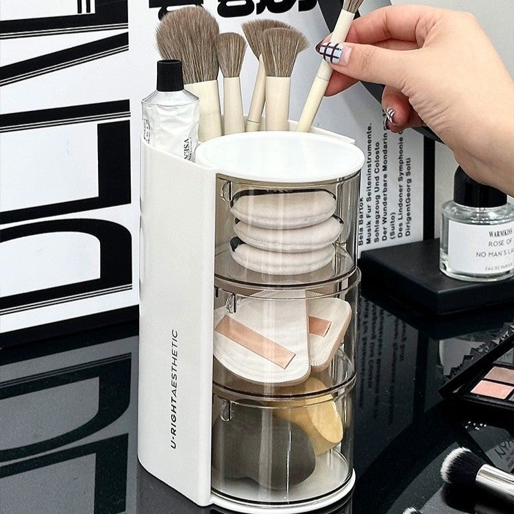 Powder Puff Desktop Storage Box, High-End Dust-Proof Beauty Brush Storage Tube, Blush Powder Cake Air Cushion, Beauty Egg Makeup Box(3 Layers White-Kraft Paper Box) - Image 2