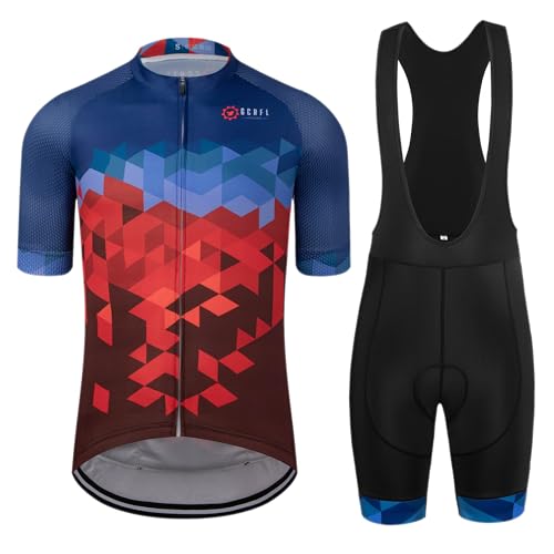 GCRFL Men's Cycling Jersey Set Road Bike Shorts Sleeves Jersey Zipper Pokcet Bib Shorts with Padded, Cycling Clothing kit Men (Blue Red, XL) - Image 1