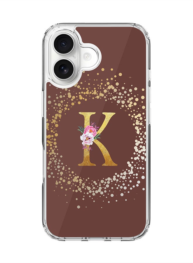 Stylizedd Classic Clear MagSafe Case for iPhone 17 , Hybrid Soft Case Flexible Edges Anti Drop TPU PC Gel Thin Transparent Cover [ Designed for iPhone 17 ] - Custom Monogram Initial Letter Floral Pattern Alphabet - K  (Brown )