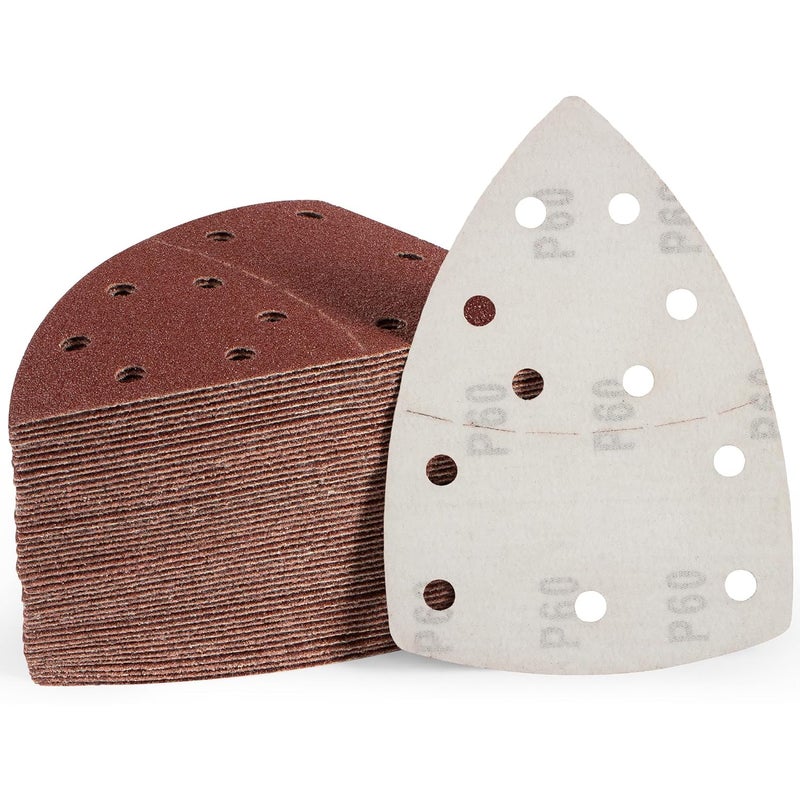 S SATC 50 PCS Mouse Sander Sandpaper 11 Holes 60 Grit Detail Sander Sandpaper Palm Sander Paper Hook and Loop Sander Pads Triangular Sanding Sheets - Image 1