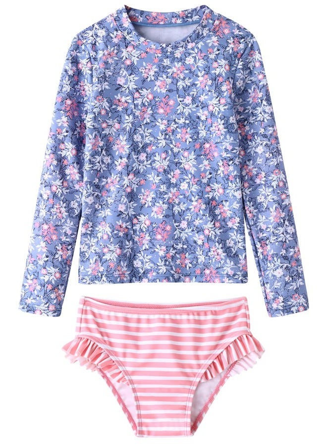 UMELOK Toddler/Little Girls' UV Swim Shirt Long Sleeve Rashguard UPF 50+ Swim Set, Light Purple/Pink, Floral/Stripe, 7 Years - Image 1