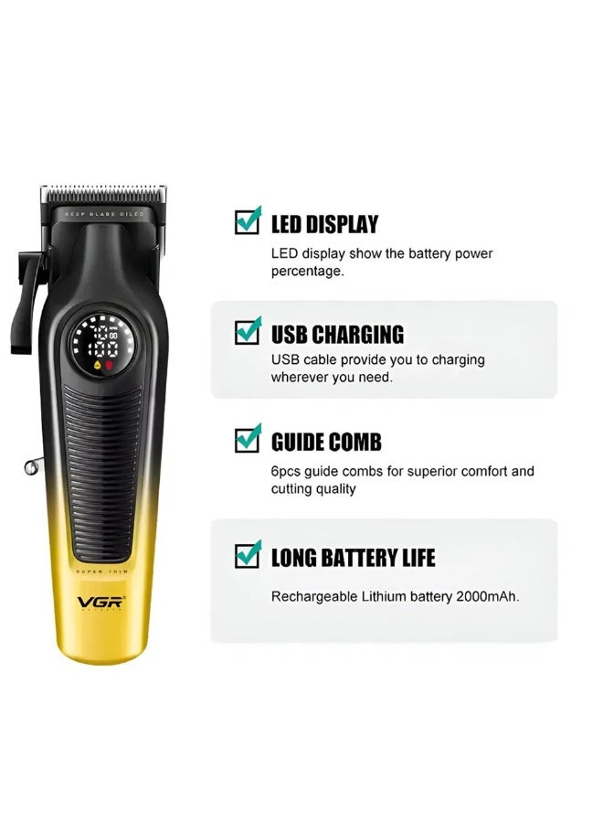 VGR V-196 Professional Hair Clipper for Men – LED Display – Durable Metal Body – USB Charging – Cordless with 2000mAh Battery – Gold. Black/Gold - Image 3