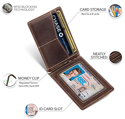 SERMAN BRANDS RFID Blocking Wallet Slim Bifold - Genuine Leather Minimalist Front Pocket Wallets for Men with Money Clip Gift (Texas Brown) - Image 5