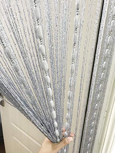 Eyotool Door String Curtain Flat Silver Ribbon Thread with Shaggy Tassel Room Divider, 39’’x79’’ (Grey-style2) - Image 2