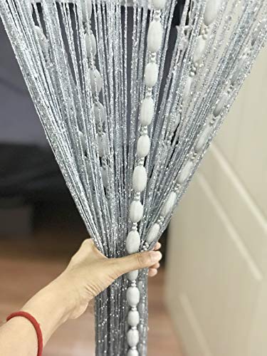 Eyotool Door String Curtain Flat Silver Ribbon Thread with Shaggy Tassel Room Divider, 39’’x79’’ (Grey-style2) - Image 3