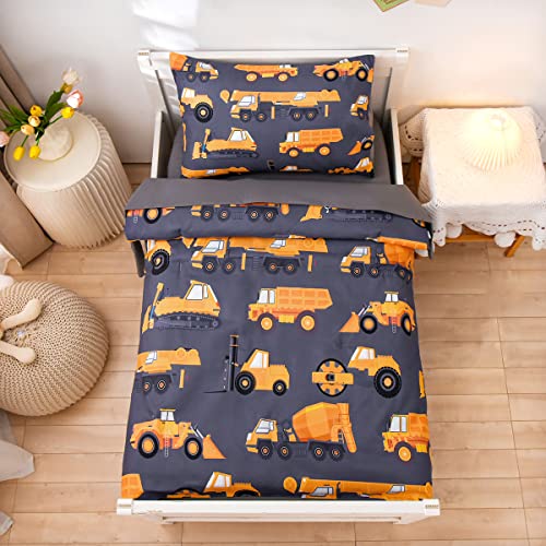 NTBED NTBED 4 Pieces Construction Toddler Bedding Set for Baby Boys Truck Vehicles Excavator Cars Printed Includes Comforter Flat Sheet Fitted Sheet and PillowcaseGrey 