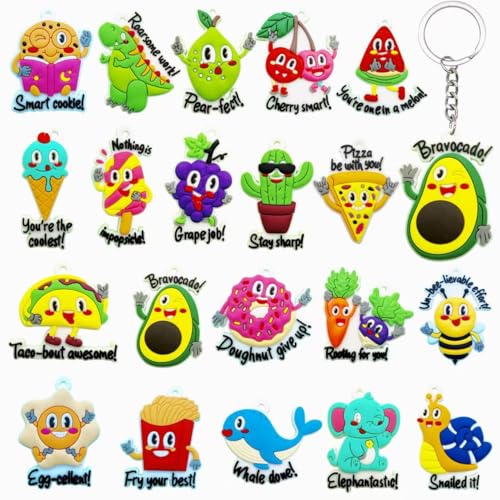 Ella & Emma 20PCS Cute Keychain Party Favors for Kids – Motivational Pun Charms, Classroom Prizes, Birthday Goodie Bag Fillers, School Rewards, Teacher Treasure Box Toys, Backpack Keyrings Bulk - Image 1