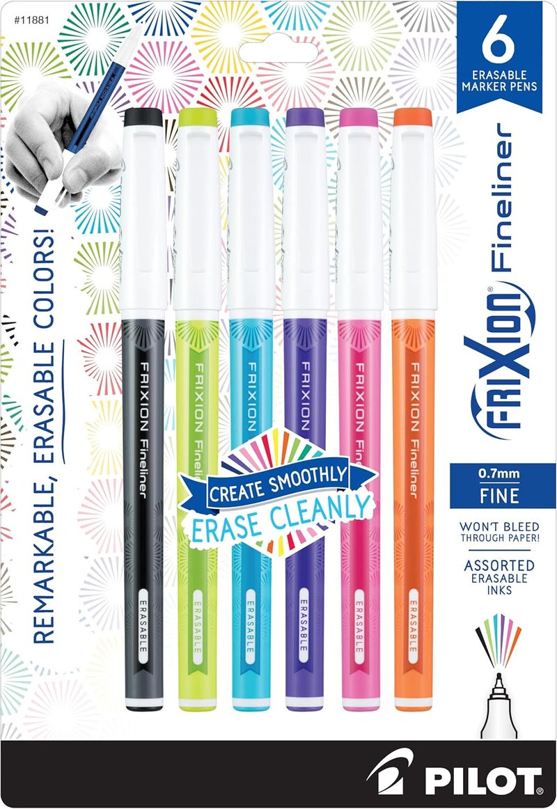 PILOT FriXion Fineliner Erasable Marker Pens, Fine Point 0.7 mm, Pack of 6, Vivid Colors, Erasable Pens - Ideal for School, Journaling, & Office Writing - Image 1