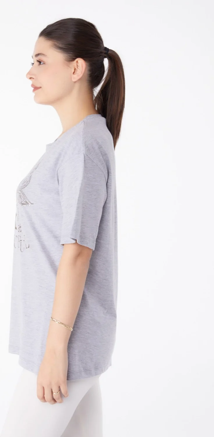 Tofisa Plain Crew Neck Women's Gray Stone T-Shirt - 25476