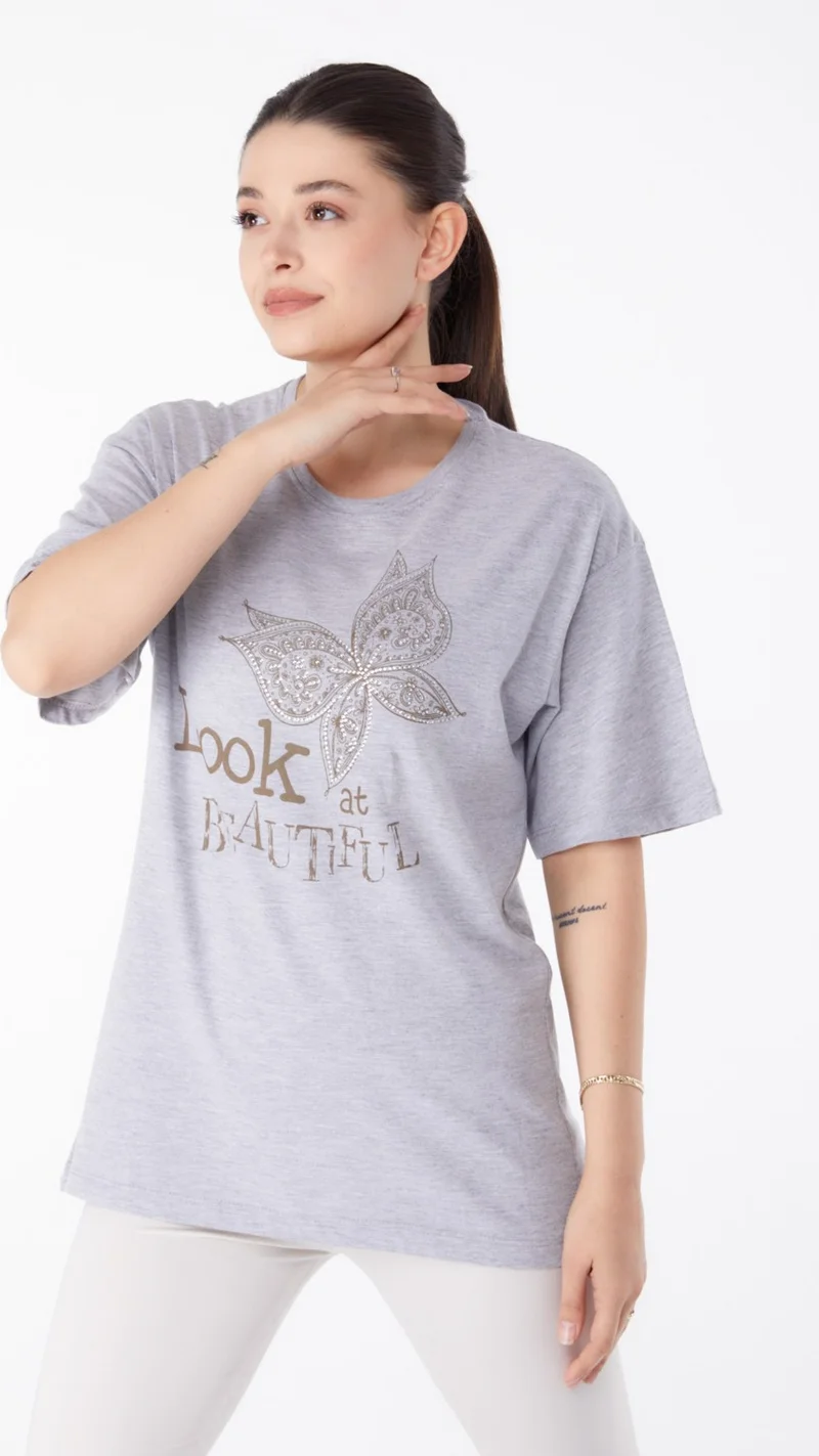 Tofisa Plain Crew Neck Women's Gray Stone T-Shirt - 25476