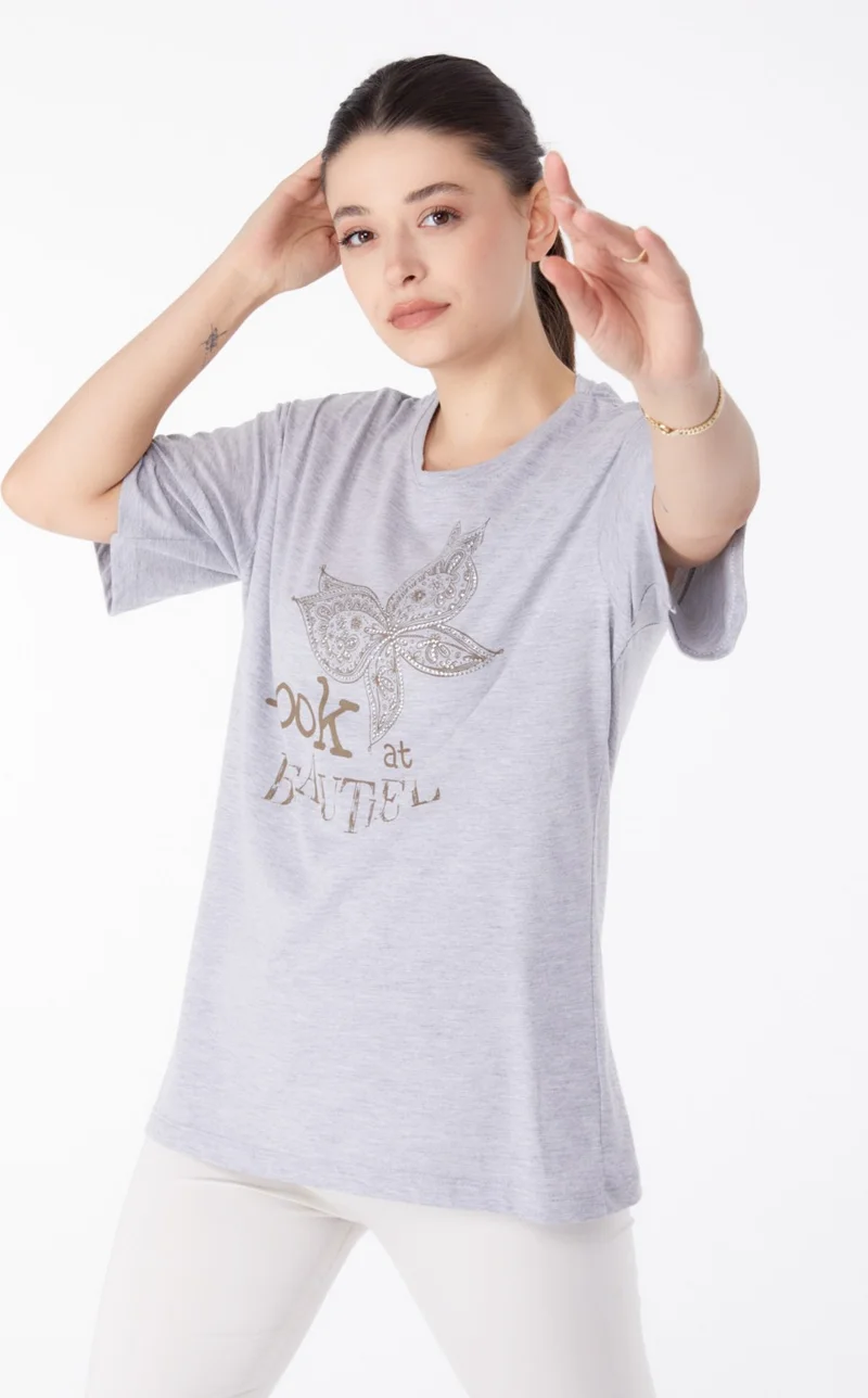 Tofisa Plain Crew Neck Women's Gray Stone T-Shirt - 25476
